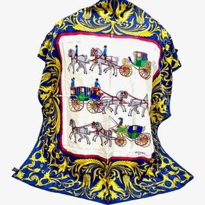 RICHEL Paris  Silk Satin Scarf 34" blue gold white horse carriage, Italy Made(57